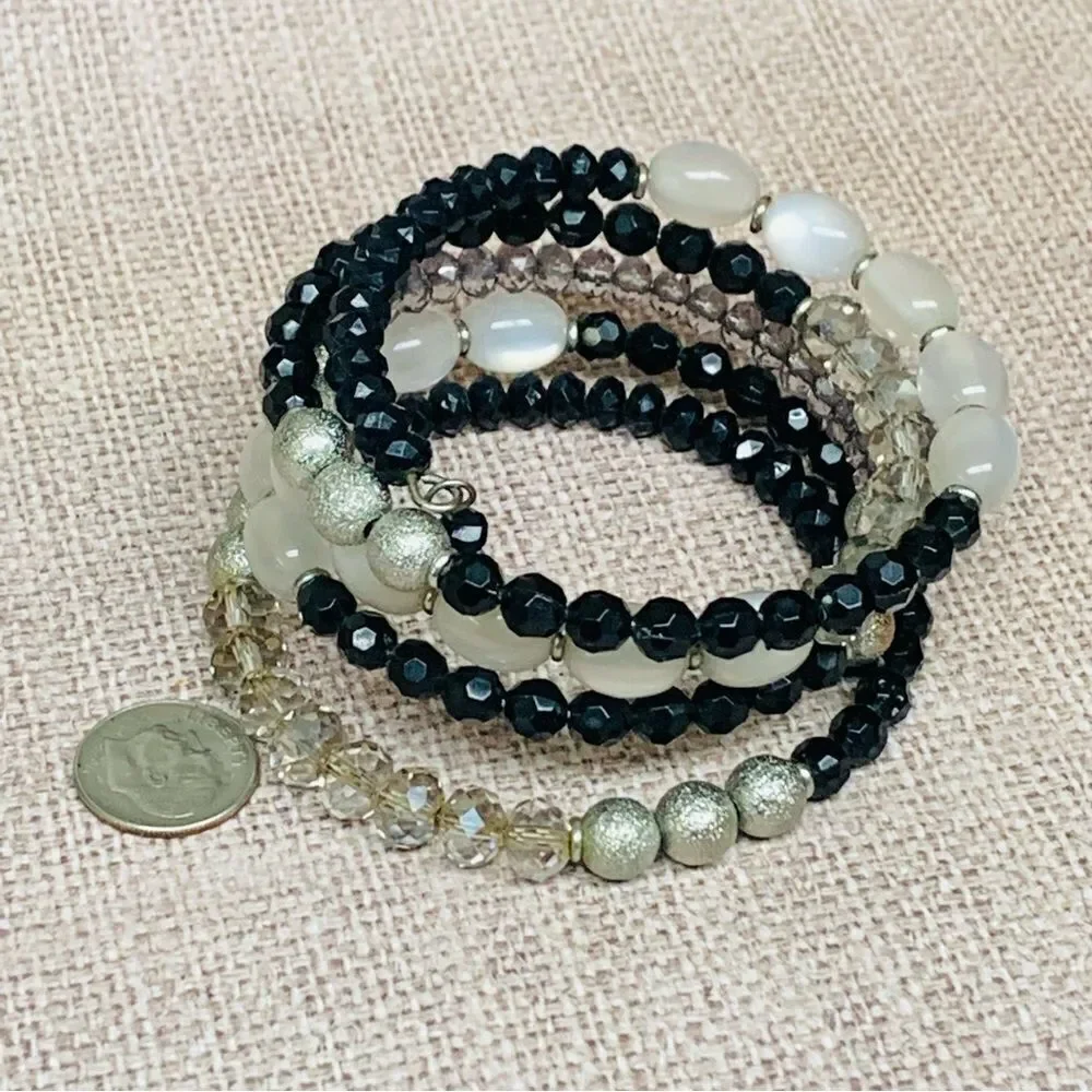 Black Silver Gold Beaded Memory Wire Bracelet‎